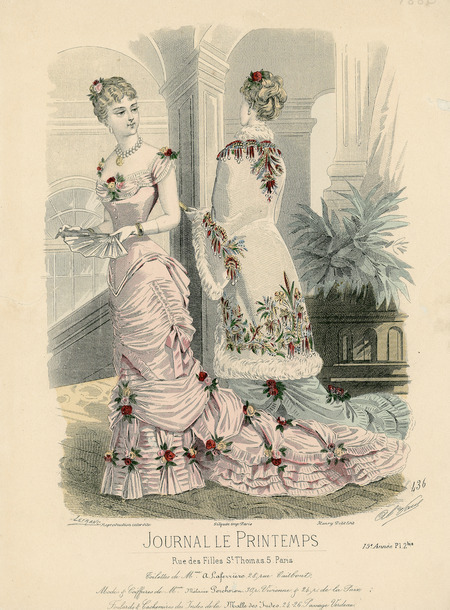 Two evening dresses with small bustles and narrow ruffled skirts gathered with layers of fabric into long trains, both heavily trimmed with bows, roses, and ruffles. Left dress has deep decolletage with straps on shoulder edge, center front buttons and pointed basque bodice, long gloves, earrings, necklace, and bracelet. Right dress covered with long, heavily embroidered dolman with fur trim. Both have hair piled on head and trimmed with roses. (published by Journal le Printemps).