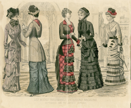Five day and walking dresses with small sloped bustles, skirts heavily trimmed with multiple layers of ruffles, two jacket bodices with lapels, one mourning dress, one dress with overlapped bodice and asymmetrical trim, final covered with coat. Four have hats trimmed with feathers, flowers, ribbons or fabric. (published by Les Modes Parisiennes:Peterson's Magazine).
