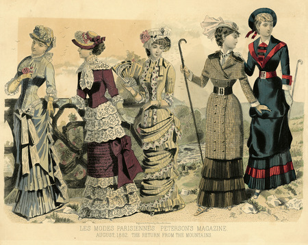 Three day and two walking dresses all with small sloped bustles, narrow skirts trimmed with layers of ruffles or lace. Bodices on day dresses curve over hips with princess seams, buttons down center front, overall heavily trimmed, hats with flower and ribbon trim. Walking dresses simpler with belted waists, lapels, left has double row of buttons, right is sailor style, both have hats with ribbon bands and walking canes. (published by Les Modes Parisienne:Peterson's Magazine).