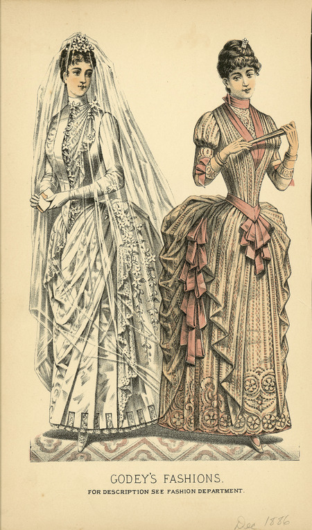 Wedding and bridesmaid dresses, large bustles, band collars. Wedding dress has wide pleats in underskirt, overskirt gathered to enhance bustle, long sleeves, basque bodice, full length veil, much lace and flower trim. Bridesmaid dress has overskirt gathered with ribbon to enhance bustle, basque bodice ending in point with ribbons at waist, leg-of-mutton sleeves are 3/4 length, long gloves, bracelets, small decorative comb in hair. (published by Godey's Fashions).
