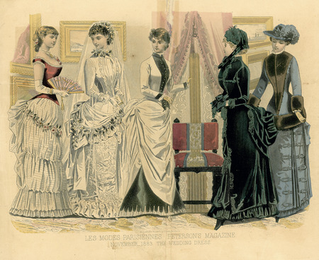 Bridesmaid, wedding, day and two visiting dresses all with large bustles. Bridesmaid dress has wide neckline and cap sleeves, elbow length gloves, flounced and ruffled skirt. Wedding dress heavily trimmed with flowers and lace and fabric draped around hips, leg-of-mutton sleeves, collar close around throat, full-length veil. Day dress has elongated "v" detailing on bodice, stand up collar, buttons down center front, long sleeves. Visiting dresses appear heavier with high collars, long sleeves, one trimmed with fur, both decorated, both have hats with large feathers. (published by Les Modes Parisiennes:Peterson's Magazine).