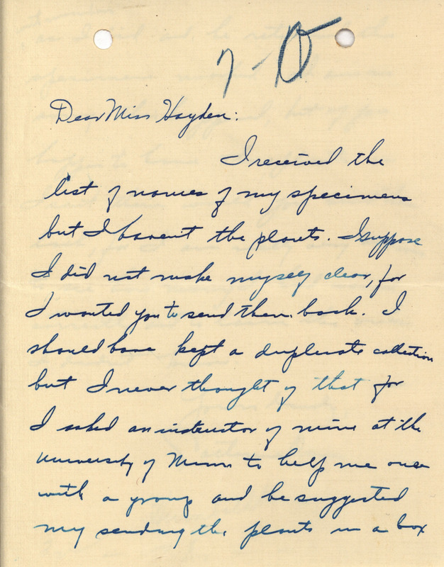 Letter to Ada Hayden, confirming that a list of specimens were received and requesting that the specimens themselves are sent.