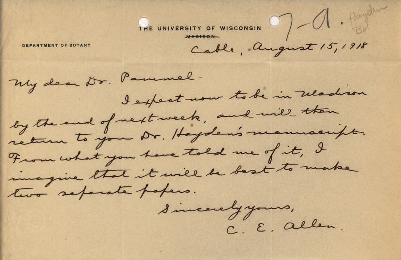 Letter from C.E. Allen to Louis Hermann Pammel, concerning the publication of a paper by Ada Hayden.