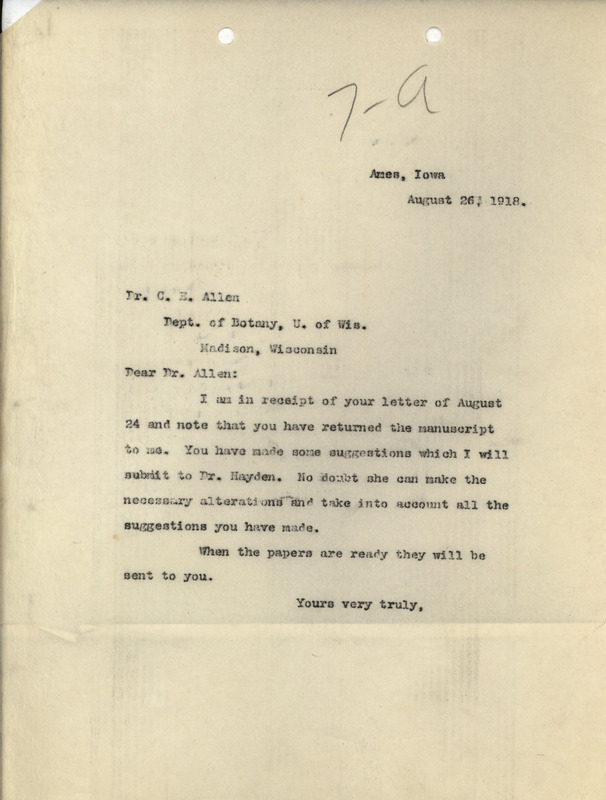 Letter from Louis Hermann Pammel to C. E. Allen concerning the publication of a paper by Ada Hayden.