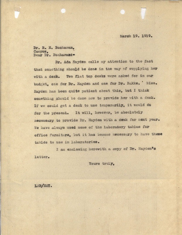 Letter from Louis Hermann Pammel to R. E. Buchanan, looking to supply Ada Hayden a desk.