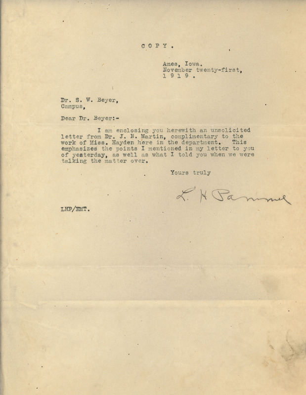 Letter from Louis Hermann Pammel to S. W. Beyer, describing an enclosed letter from J. N. Martin that compliments Ada Hayden's work in the Iowa State College Department of Botany.