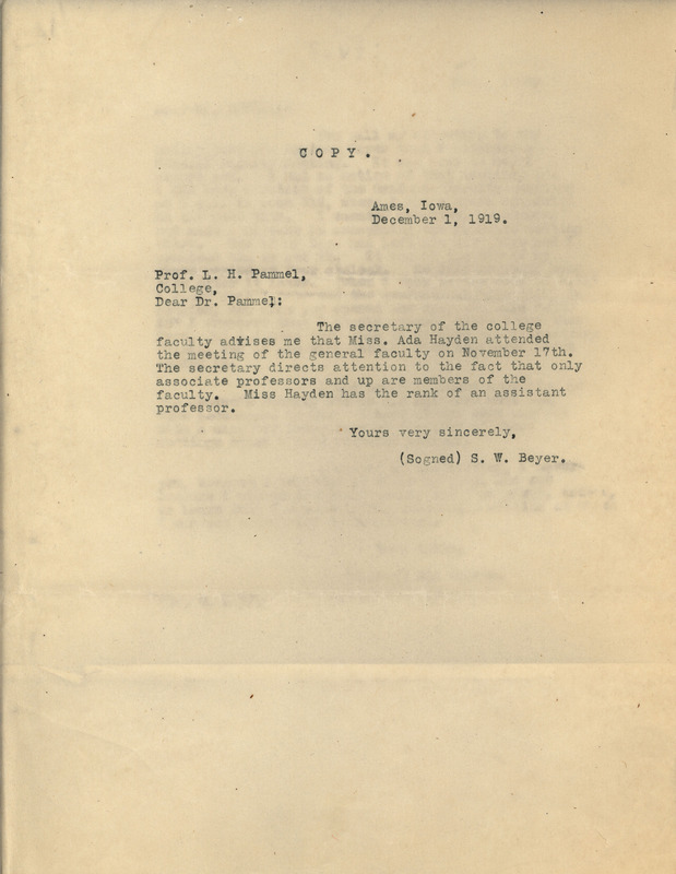 Letter from S. W. Beyer to Louis Hermann Pammel, stating that Ada Hayden attended a meeting on November 17 that she should not have attended.