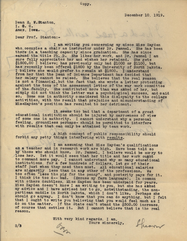 Letter from S. W. Beyer to E. W. Stanton, supporting the promotion of Ada Hayden at Iowa State College.