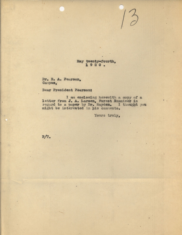 Letter from Louis Hermann Pammel to R. A. Pearson, forwarding a letter from J. A. Larsen in regards to a paper written by Ada Hayden.