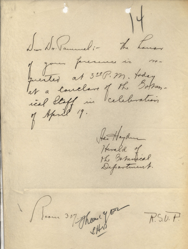 Letter from Ada Hayden to Louis Hermann inviting Pammel to a botanical department staff celebration on April 19th.