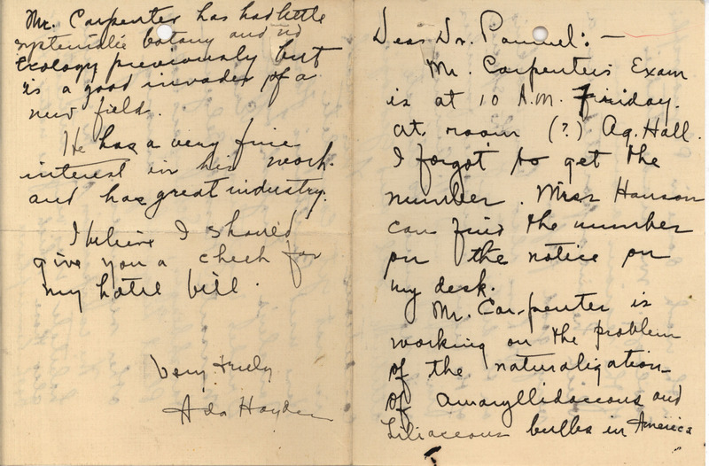 Letter from Ada Hayden to Louis Hermann Pammel, discussing a future exam.