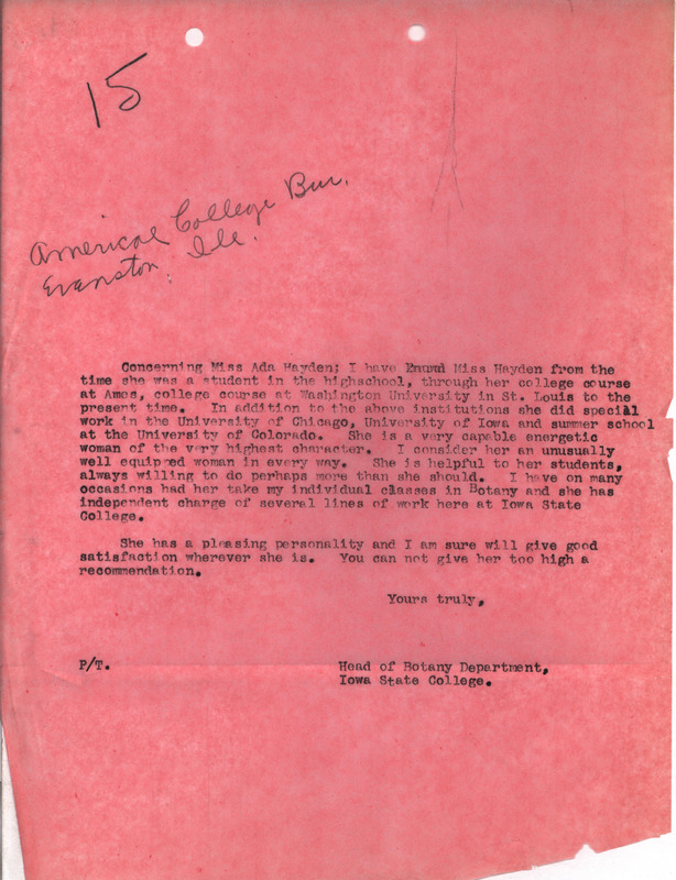 Letter from Louis Hermann Pammel to American College, recommending Ada Hayden for a professorial position at the college.