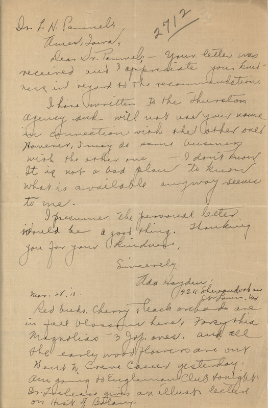 Letter from Ada Hayden to Louis Hermann Pammel, describing recent professional development.