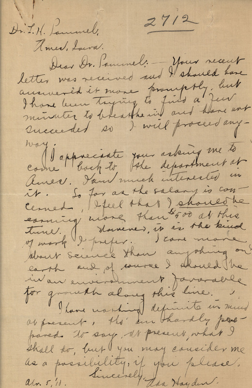 Letter from Ada Hayden to Louis Hermann Pammel, responding to Pammels inquiry about working at Iowa State University for the next year.