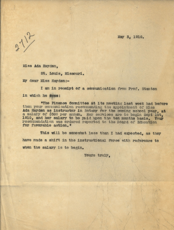 Letter from Louis Hermann Pammel to Ada Hayden, regarding Hayden's appointment as an instructor in Botany at Iowa State University.