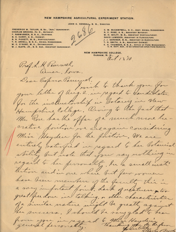 Letter from John Kendall to Louis Hermann Pammel, regarding a recommendation of employment at New Hampshire College from Pammel for Ada Hayden.