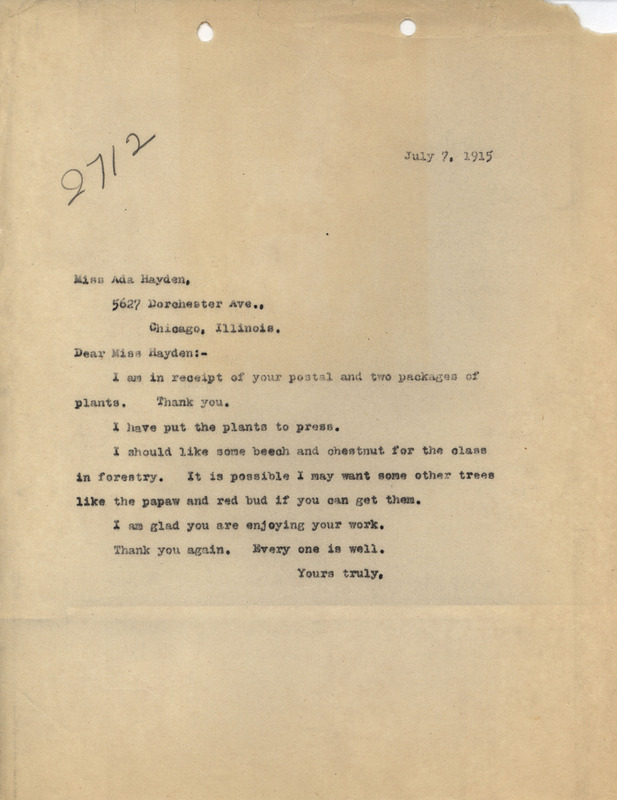 Letter from Louis Hermann Pammel to Ada Hayden, regarding botanical specimens sent by Hayden.