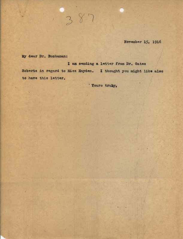 Letter from Dr. Gates Roberts to Ada Hayden, regarding Hayden's absence from a finance committee due to her illness.