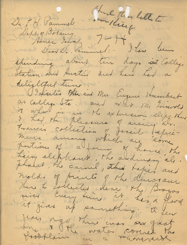 Letters from Ada Hayden to Louis Hermann Pammel describing ten days spent she spent in Austin, a trip to Houston, Texas and her work in Texas.