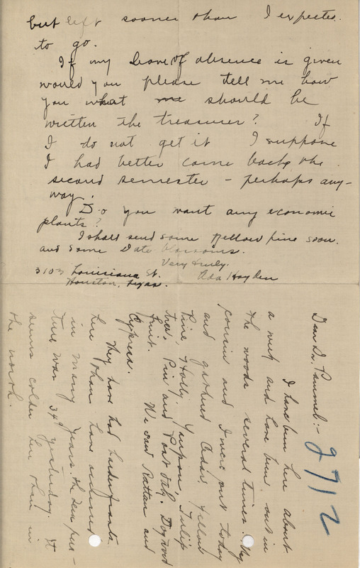 Letter from Ada Hayden to Louis Hermann Pammel, updating Pammel on her work in Houston, Texas.