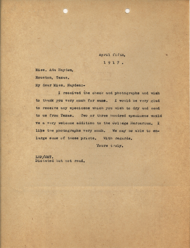 Letter from Louis Hermann Pammel to Ada Hayden, regarding botanical specimens and photographs sent by Hayden.