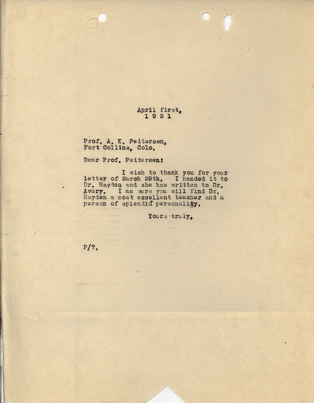 Letter from Louis Hermann Pammel to A. K. Peitersen, commenting on Ada Hayden's abilities as a teacher.