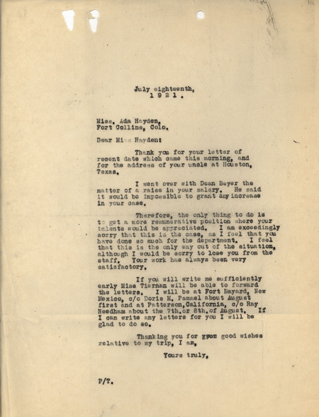 Letter to Louis Hermann Pammel from Ada Hayden, regarding Hayden's position at Iowa State College and her desire for raise in pay.