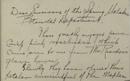 Letter from Ada Hayden to the Botanical Department survivors of the Spring malade.