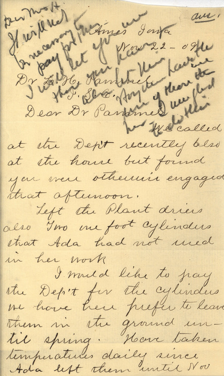 Letter from D. M. Hayden to Louis Hermann Pammel, notifying Pammel that plant driers and cylinders had been delivered.