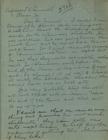 Letter from Ada Hayden to Louis Hermann Pammel, describing correspondence she had with someone in the Veterinary College regarding dissection work.
