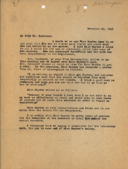 Letter from Louis Hermann Pammel to Dr. Buchanan, presenting a case for taking over Ada Hayden's classes while she is ill.