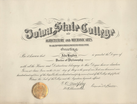 Iowa State College Doctor of Philosophy diploma for Ada Hayden given on May 29, 1918.