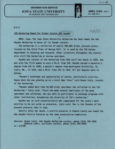 Announcement naming the Iowa State University Herbarium after Ada Hayden describing the herbarium collection and Hayden's accomplishments as curator of the herbarium from 1932 until 1950.