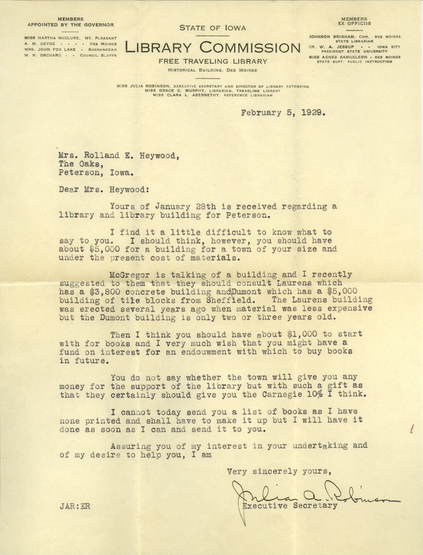 Julia A. Robinson from the Library Commission, State of Iowa is responding to Mrs. Rolland E. Heywood's request for a list of books for a proposed library in Peterson, Iowa.