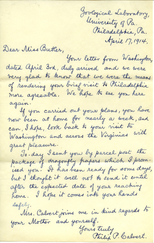Letter from Philip P. Calvert, Zoological Laboratory, University of Pennsylvania to Hortense Butler to notify her of a package of dragonfly papers he sent her by parcel post.
