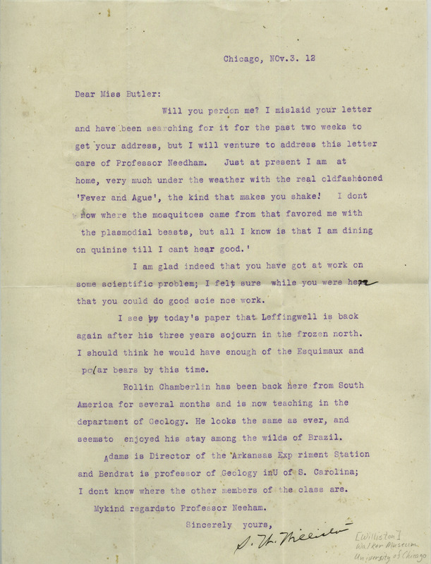 Samuel Wendell Williston, Chicago to Hortense Butler. He is sharing news about fellow scientists, including Rollin Chamberlin and Leffingwell.