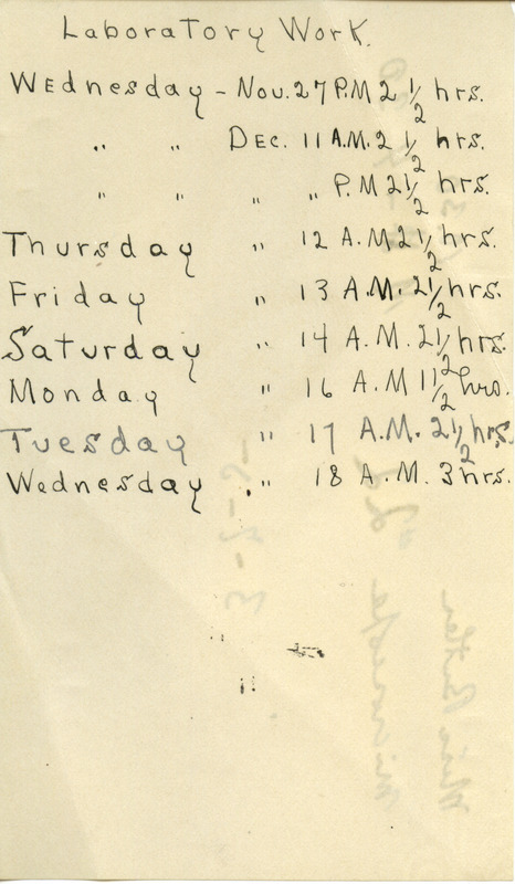 List of days of the week, dates and number of hours spent at the laboratory for the end of November and the month of December. During this time period, Hortense Butler Heywood spent a total of 22 hours in the laboratory, used microscope #22 and was charged a fee of $4.30.