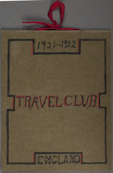 Lists officers, program committee members, and weekly program topics of the Travel Club in Webster City, Iowa, Oct. 10, 1921-Apr. 10, 1922. Mrs. R. E. Heywood was listed as secretary. The theme for the year was England.