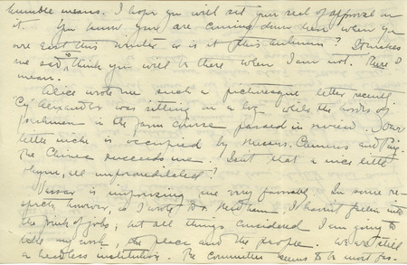 Letter from Emmeline Moore, Vassar College to Hortense Butler. Emmeline is discussing her plans for the summer, class enrollment and courses for the fall, and a prize she won for a paper. Includes an envelope with "The Oakes" written on the lower left corner. A photograph of the Hall of Casts at Vassar College is depicted on a stamp on the back of the envelope.