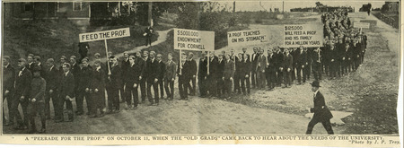 Newspaper clipping with a photograph of Cornell alums protesting university finances and professor salaries. The clipping is dated October 11 and contextual information on the back of the clipping dates the item sometime around 1919.