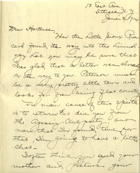 Letter from Alice Noyes to Hortense Butler. Alice is writing about colleagues who received their Ph.D.'s, activities of the Jugatae and Agassiz clubs, and catching Lampreys. Two photographs of an Alice in Wonderland skit presented to the Grad Club are included.