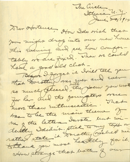 Letter from Alice Noyes, The Circle, Ithaca, New York to Hortense Heywood. Alice is discussing what she has been doing and mentions she would like to see Hortense's chickens but is busy taking care of her hydropsyches.