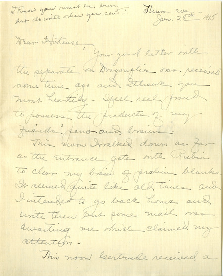 Letter from Alice Noyes to Hortense Heywood. Alice is writing about colleagues and their activities. Included is a poem written by the farm course students to challenge the biology assistants to a game of hockey on Lake Bebee. The biology assistants return a poem accepting the challenge. The poem has the date of January 21, 1915.