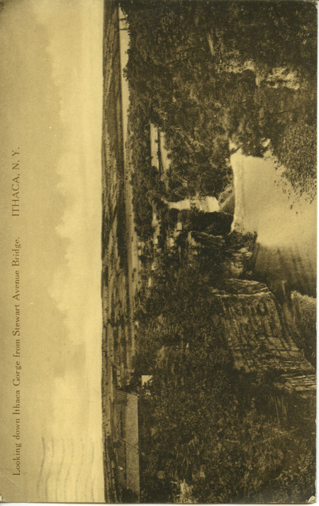 Postcard from Alice Noyes to Hortense Butler. Alice is apologizing for something and comments about seeing Hortense in the Lab. The front of the postcard is a photograph "Looking down Ithaca Gorge from Steward Avenue Bridge." The postmark is dated September 30, 1913.