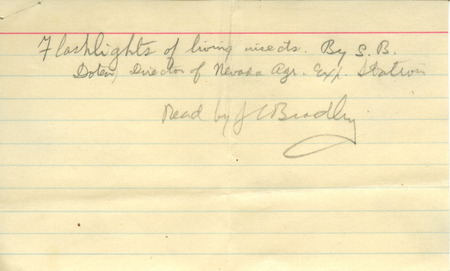 Letter from Alice Noyes to Hortense Heywood. Alice discusses her interviews, position offers and colleague activities. A slip of paper is included with the citation to S. B. Doten's work to be read by J. C. Bradley at the Jugatae lecture. A handwritten postmark date of April 12, 1915 is in the upper right corner of the letter.