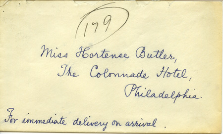 Envelope is addressed to Miss Hortense Butler at the Colonnade Hotel in Philadelphia for delivery upon her arrival. On the back of the envelope is a handwritten list of expenses.