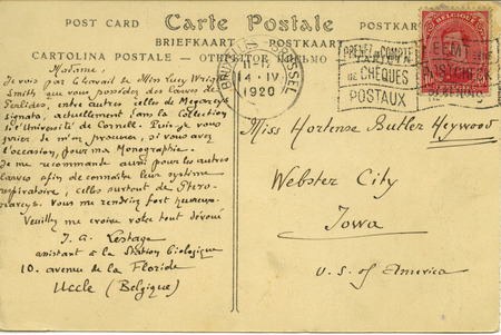 J. A. Lestage, Assistant, Station Biologique, Uccle, Belgium to Hortense Butler Heywood, Webster City, Iowa. J. A. Lestage is asking if Hortense will send him Perlidae larvae for his monograph and some Pteronarcys larvae for him to learn their respiratory system. The front of the postcard is a photograph of La Place Massena et le Casino municipal in Nice. The postmark date is April 14, 1920.