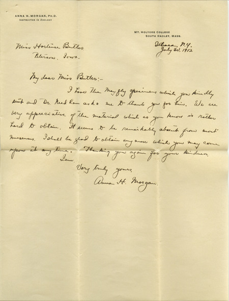Letter from Anna H. Morgan, Ph.D. Instructor in Zoology, Mt. Holyoke College, to Hortense Butler. She is thanking Miss Butler for sending the Mayfly specimens.