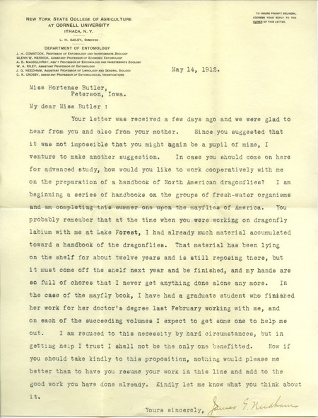 Typed letter from James G. Needham to Hortense Butler Heywood. Discusses Heywood's educational future, as well as proposal for collaborative work for the authorship of a scientific handbook on dragonflies.