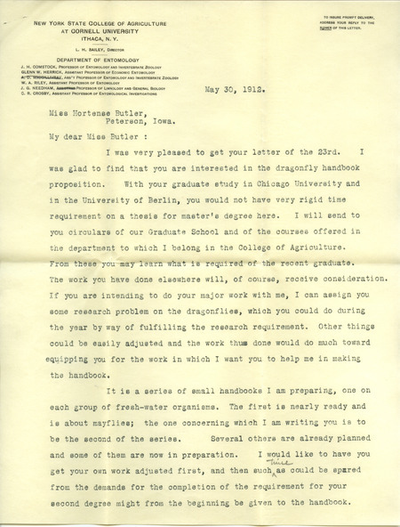 Typed letter from James G. Needham to Hortense Heywood. Discusses Heywood's upcoming studies at Cornell, as well as her and Needham's collaborative work for scientific handbook on dragonflies.
